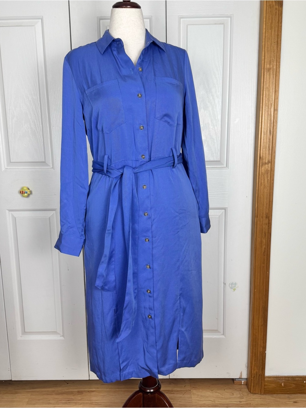 UNTUCKit Royal Blue Long Sleeve Button-Up Shirt Dress with Tie Waist